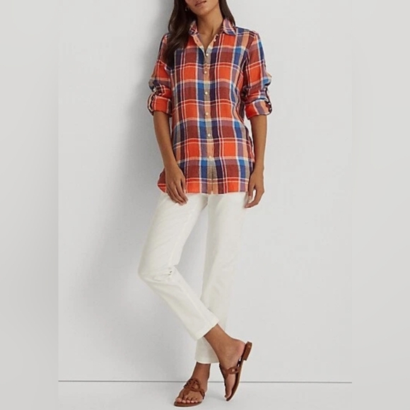 Lauren Ralph Lauren Tops - Lauren Ralph Lauren Plaid Linen Shirt. Size Large. Orange/Blue. Western Cowgirl.